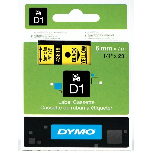 DYMO D1 teip 6 mm x 7 m must kollasel taustal (43618 S0720790)