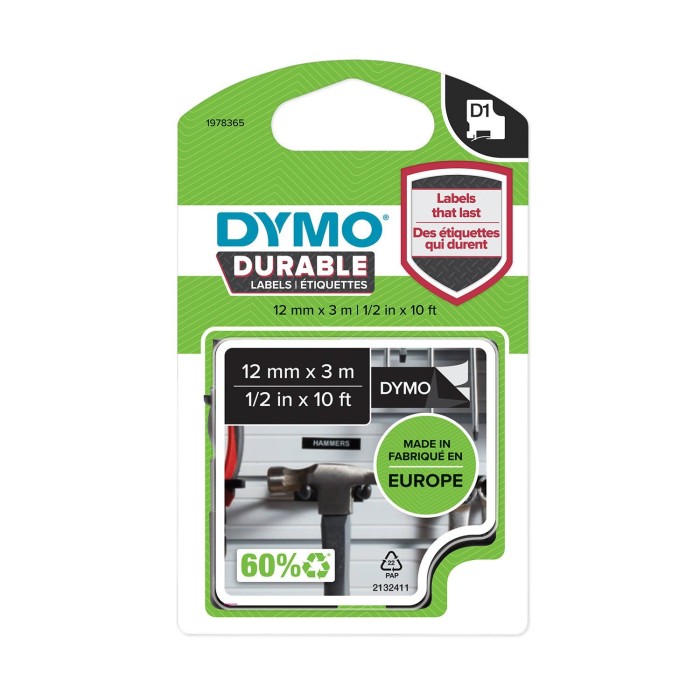 DYMO D1 Durable Lente 12mm x 3m   balts uz melna (1978365)