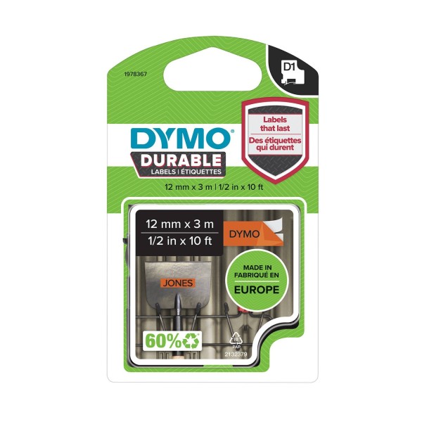 DYMO D1 Durable Lente 12mm x 3m   melns uz oranža (1978367)