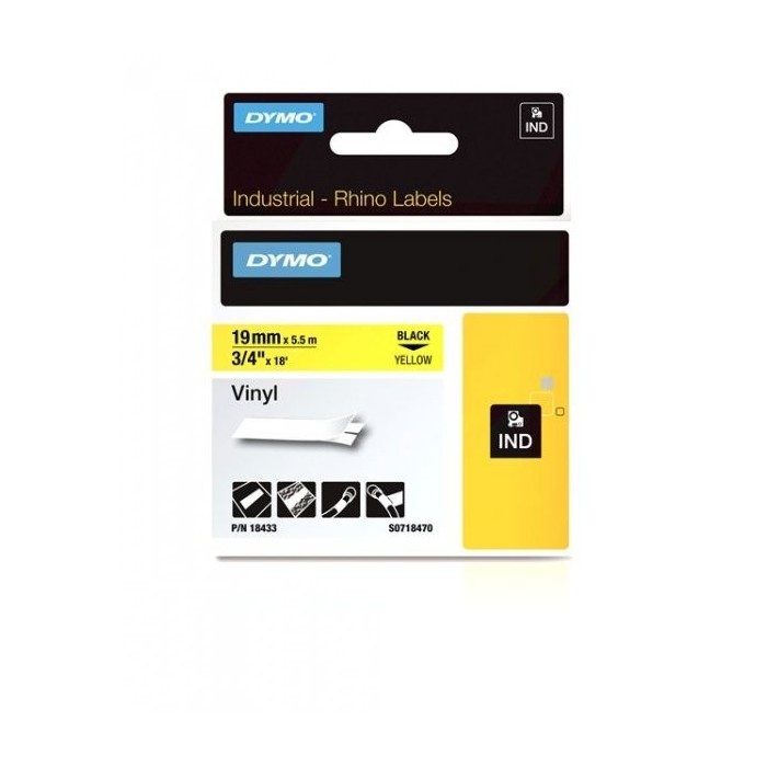 DYMO Rhino Permanent Vinyl Tape 19 mm x 5.5m   black on yellow (18433)