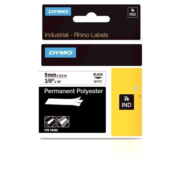 DYMO Rhino Permanent Polyester Tape 9 mm x 5.5m   black on white (18482)