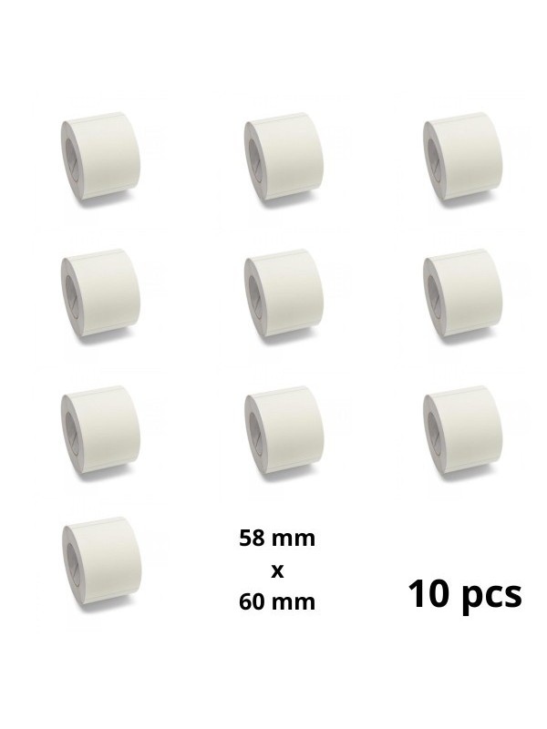 Zebra 58mm x 60mm lämpöpaperitarrat 25 mm ytimellä, valmistaja Dore, 10 kpl Removable Zebra 58mm x 60mm lämpöpaperitarrat 25 mm ytimellä, valmistaja Dore, 10 kpl Removable