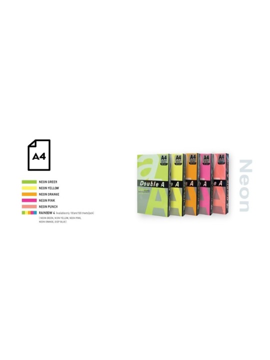 Spalvotas Neon popierius Double A, 75g, A4, 100 lapų, Rainbow 4, 5 Neon spalvų