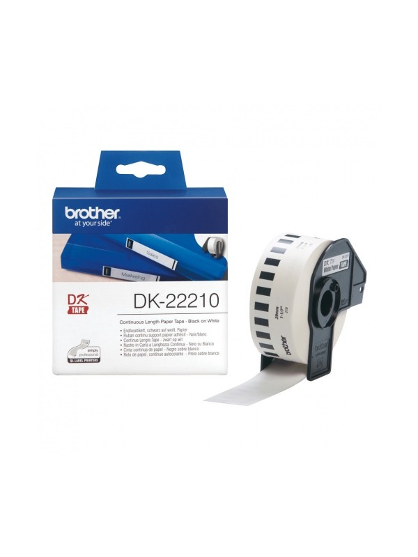 Brother DK-22210 Continuous Length On Balta 29 mm x30.48m, juoda juostelė