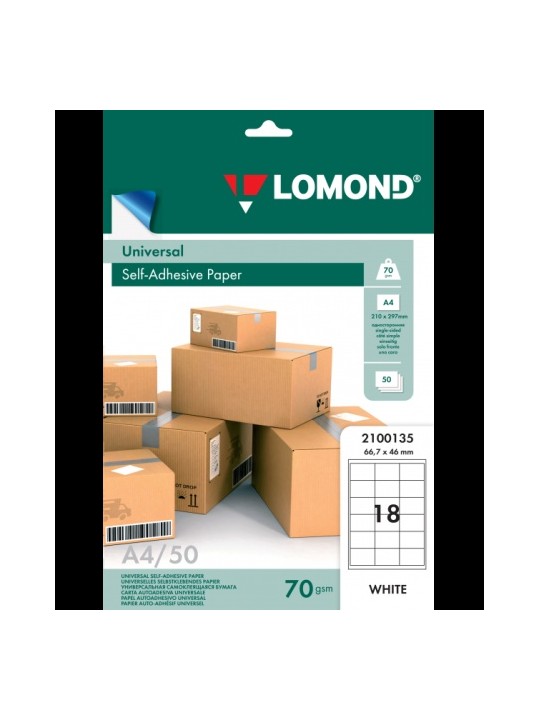 Lipnus popierius lipdukams Lomond Self-Adhesive Universal Labels, 18/66,7x46, A4, 50 lapų, Balta